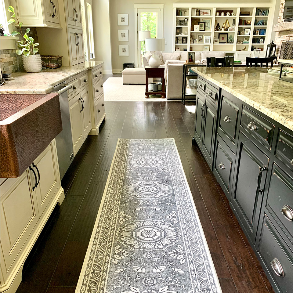 Almana black and white runner rug in kitchen