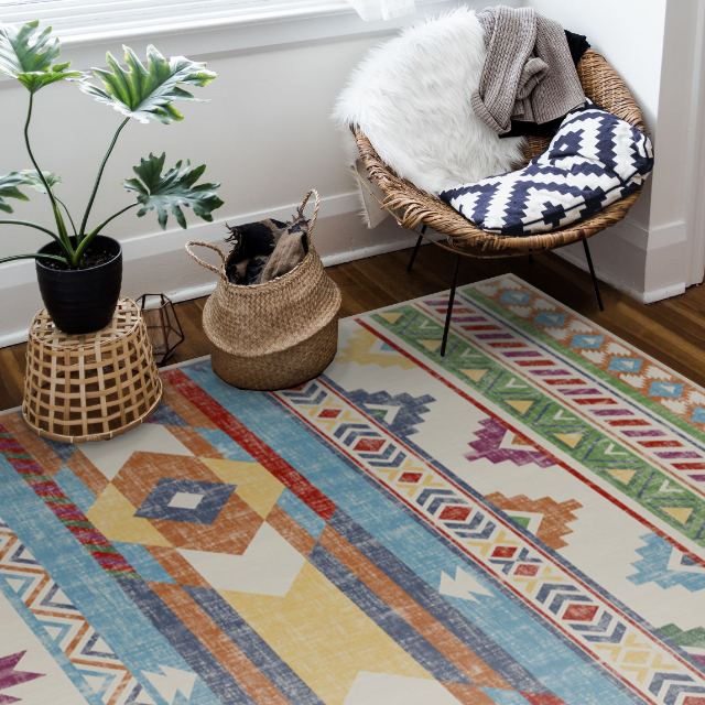  Kilim Batik Multicolor Rug in Corner Room