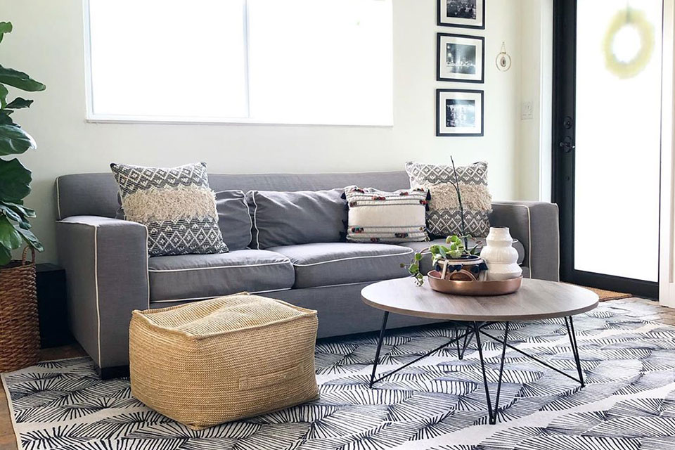 Grey Couch with Black and White Rug in Living Room