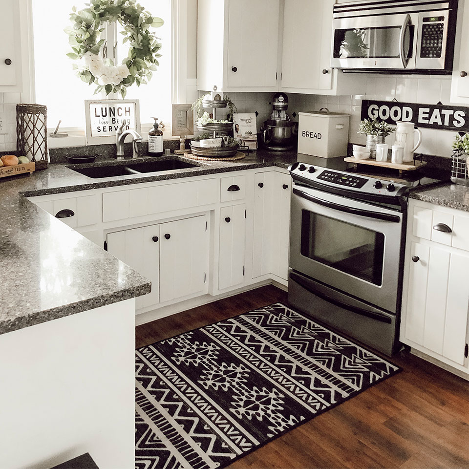 Linear Aztec Black and White Rug in Small Kitchen