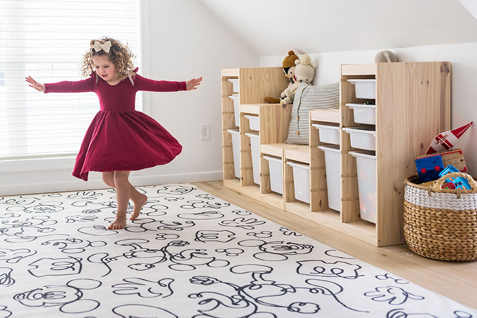 Black and White Disney Mickey Rug With Girl in Kids Playroom