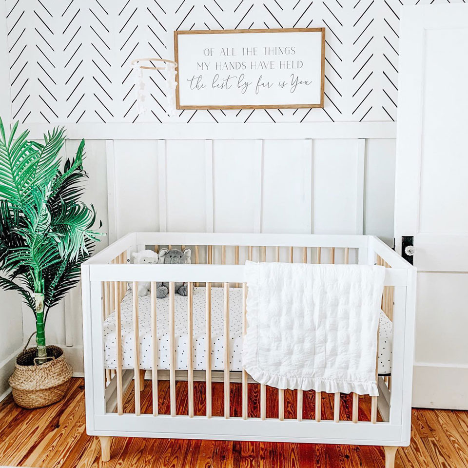 White Crib and Plant in Black and White Nursery