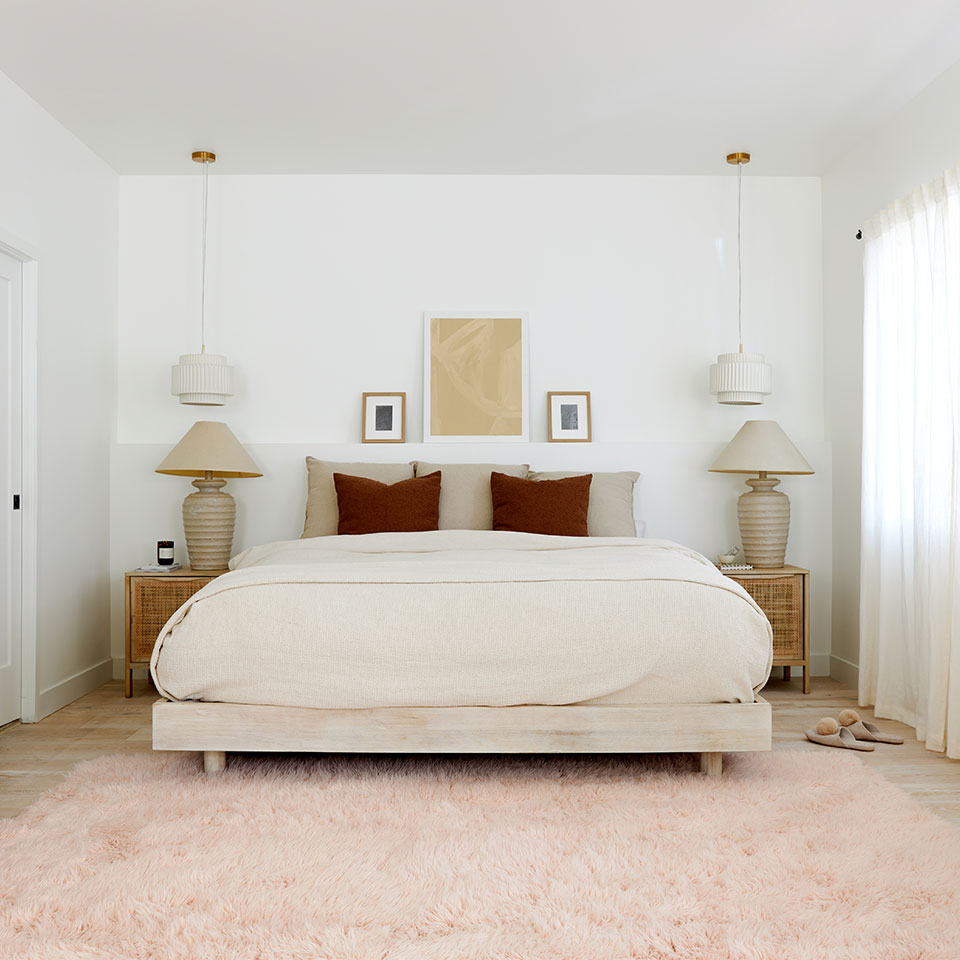 pink shag rug in bedroom