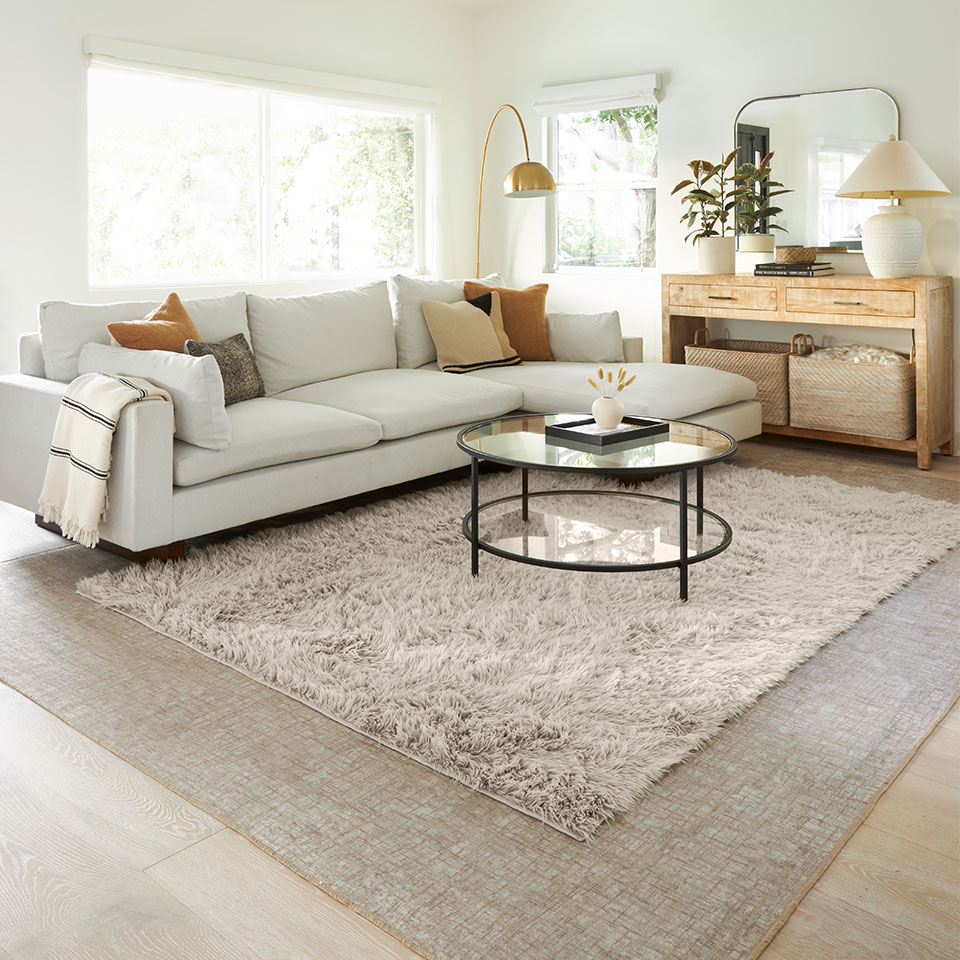 shag rug layered over beige rug in living room