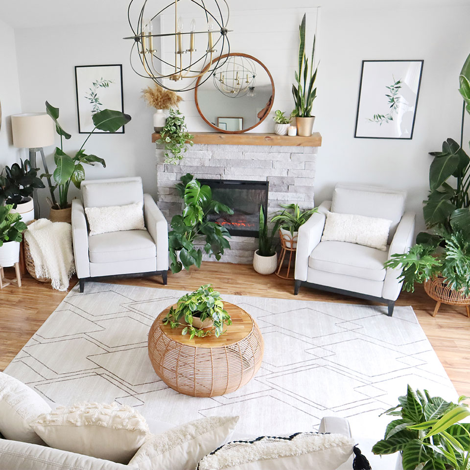 White diamond rug with white chairs round coffee table and plants