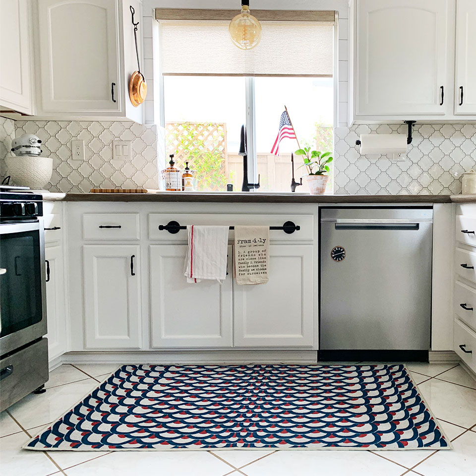 Blue and red dot kitchen rug