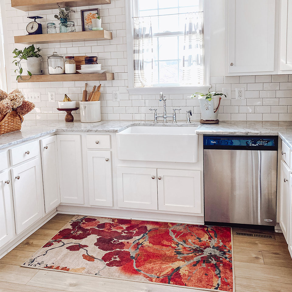 Watercolor floral orange rug in the kitchen