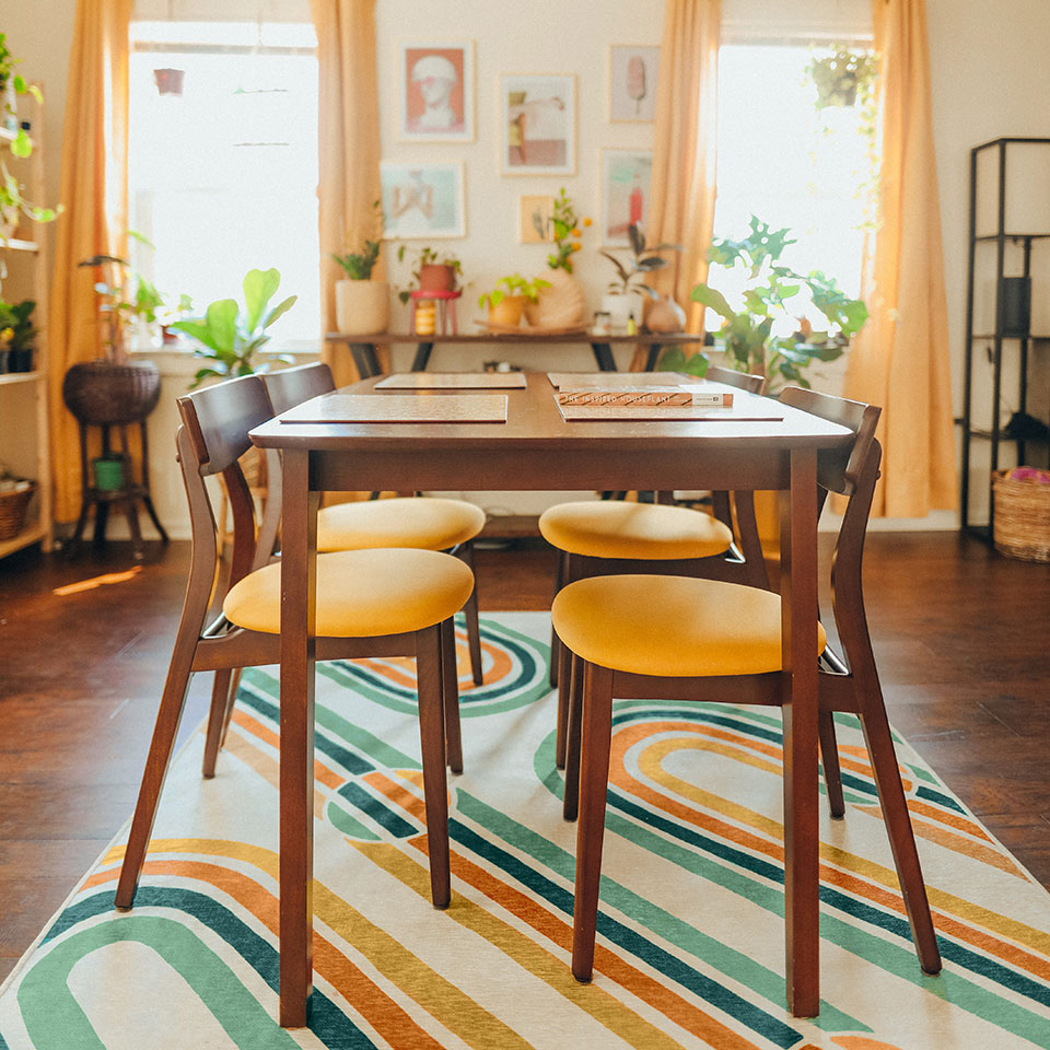 retro rug in dining room