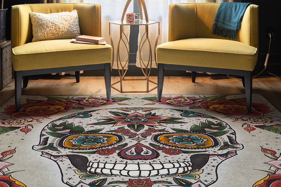 Sugar skull rug with yellow couch 1