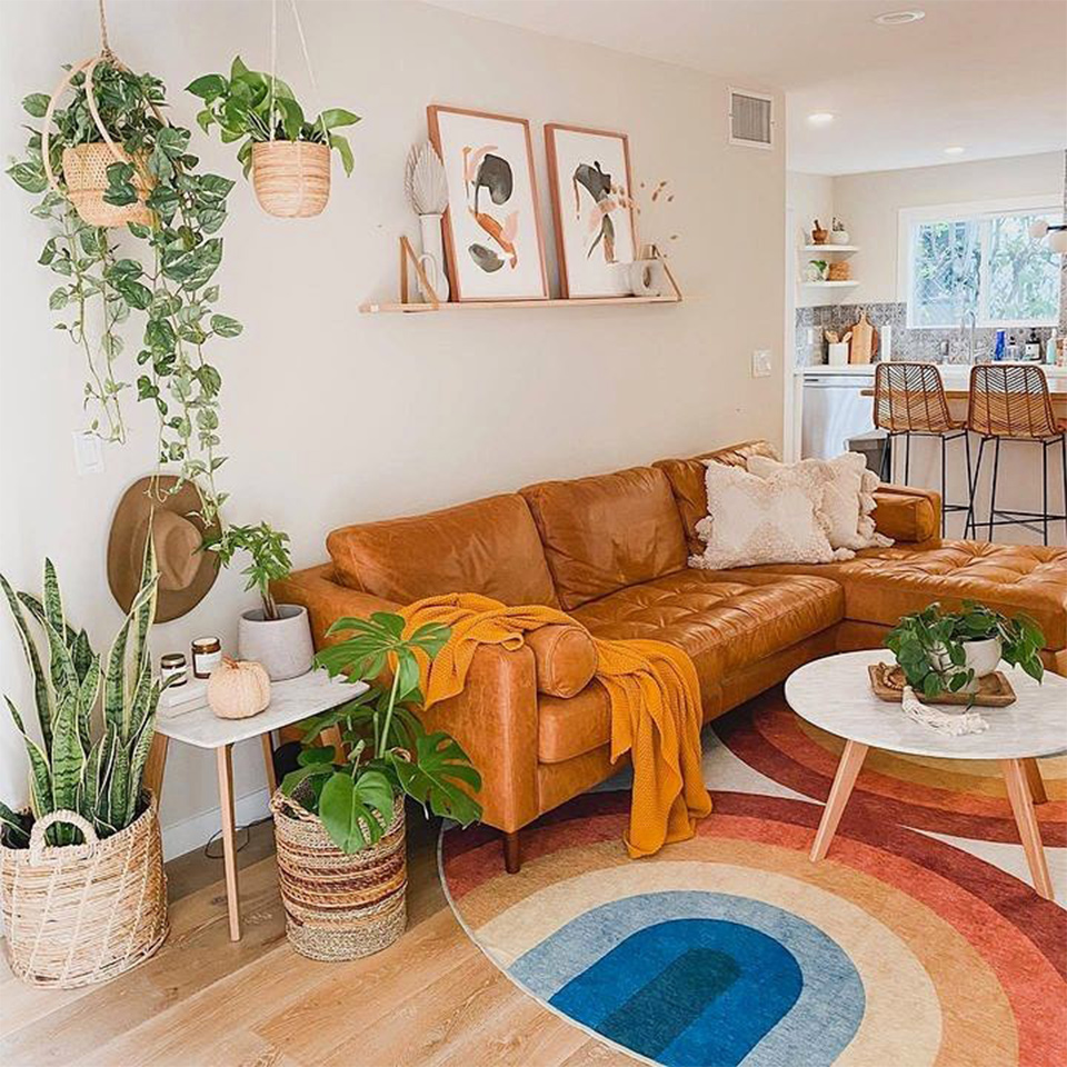 Round rainbow rug in the living room with brown couch marble round coffee table and plants