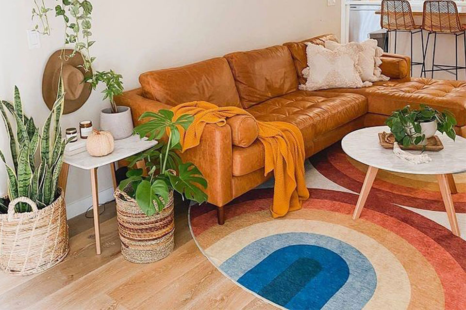 Round rainbow rug with brown leather couch and plants in living room