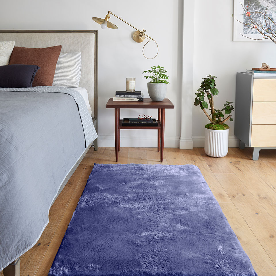 blue plush rug in bedroom