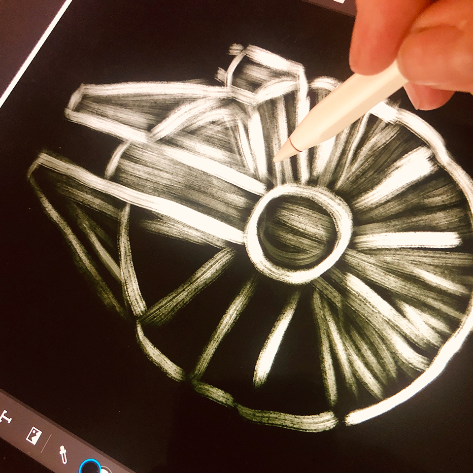 drawing star wars rug on tablet