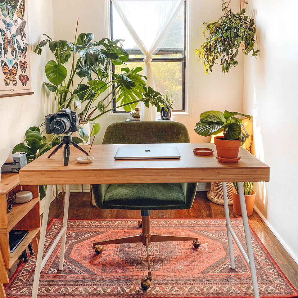 home office with red persian style rug desk green chair and plants