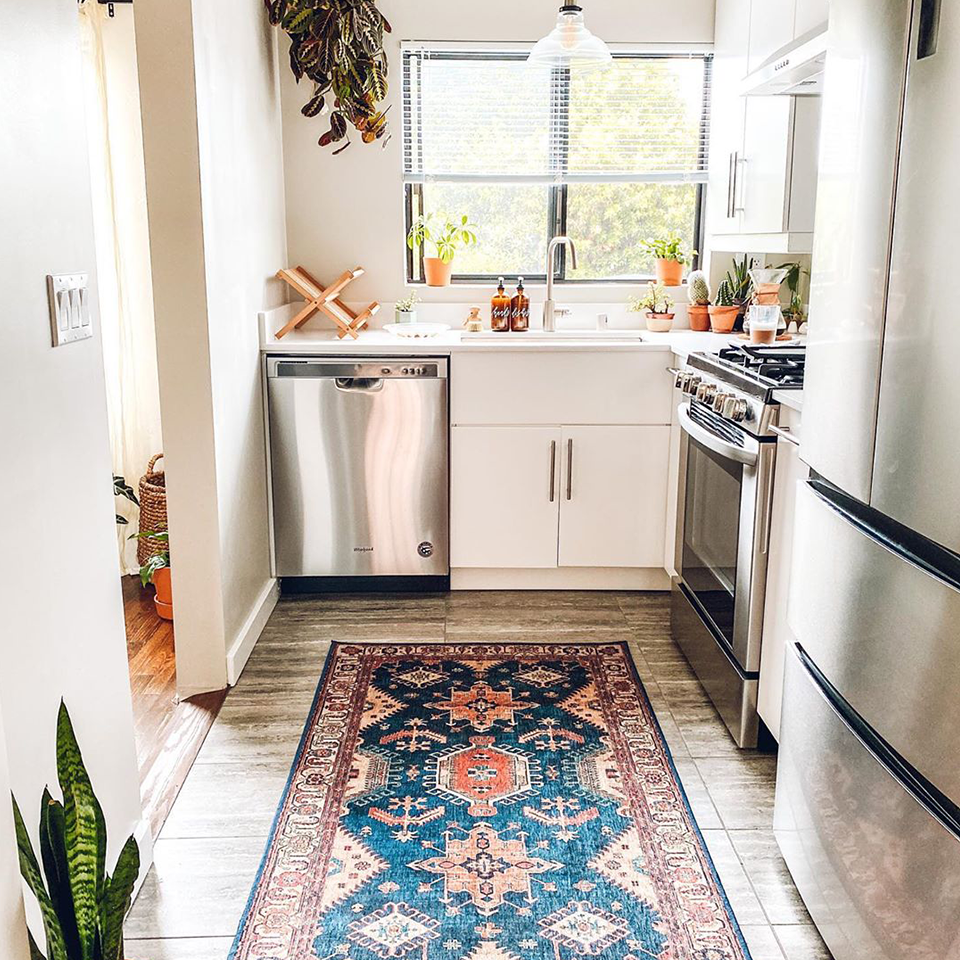 kitchen with bold red and blue persian style rug and plants