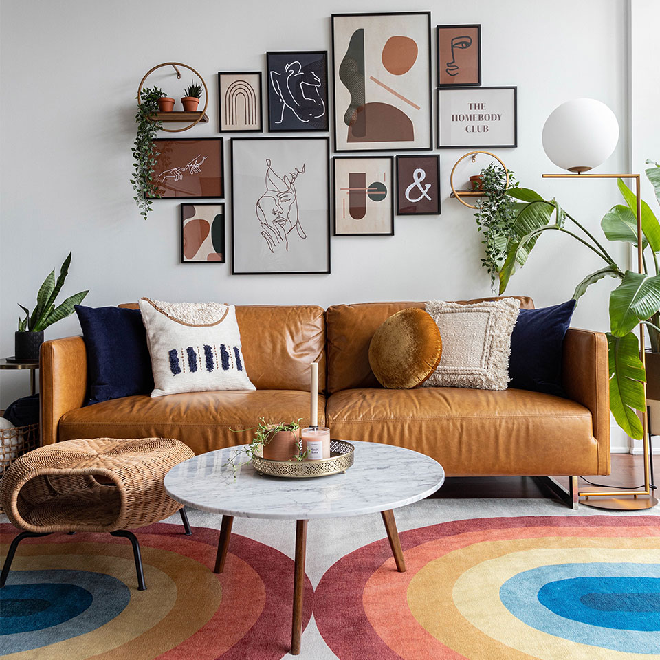 small living room with bold rainbow rug