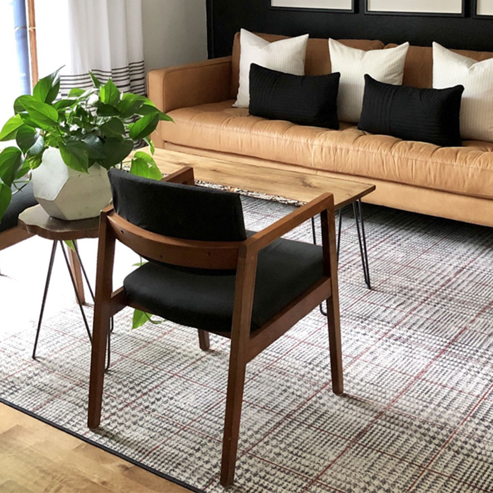 small living room with minimal decor and plaid rug