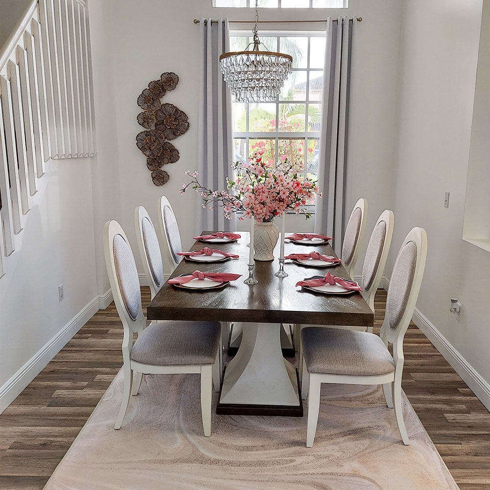 beige abstract dining room rug in formal dining room
