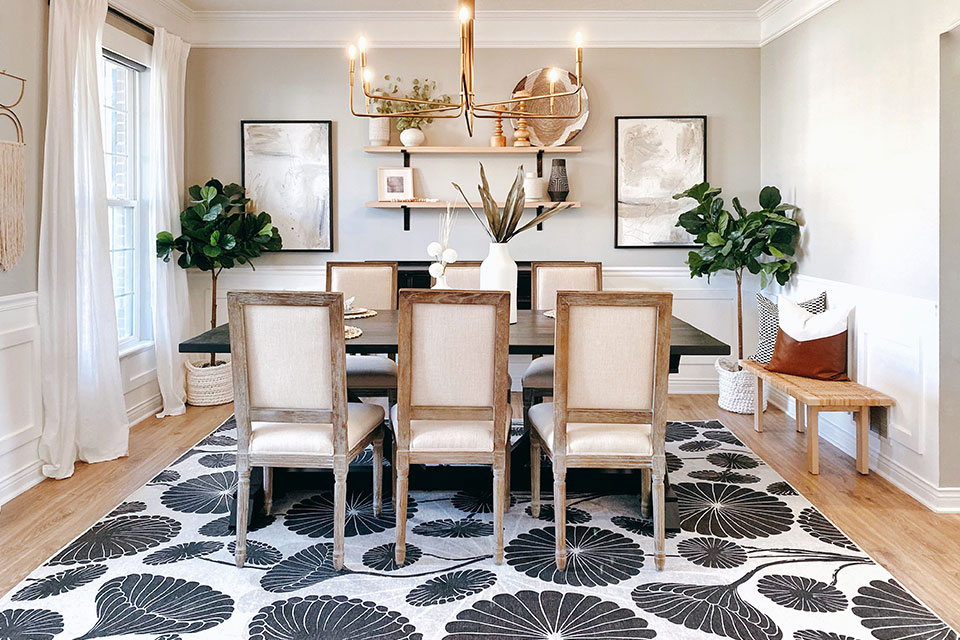 black and white floral dining room rug with farmhouse decor