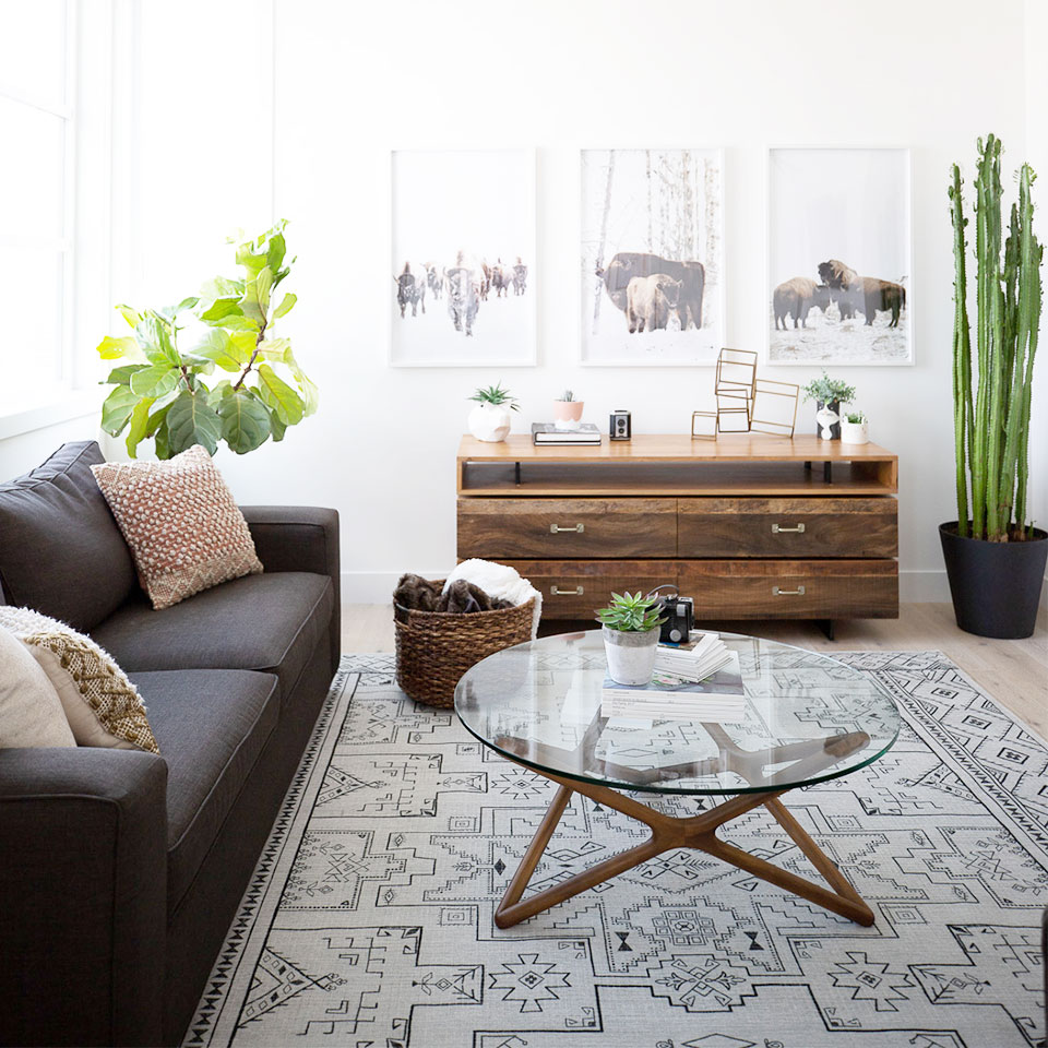 Black couch with black and white rug and plants in the living room