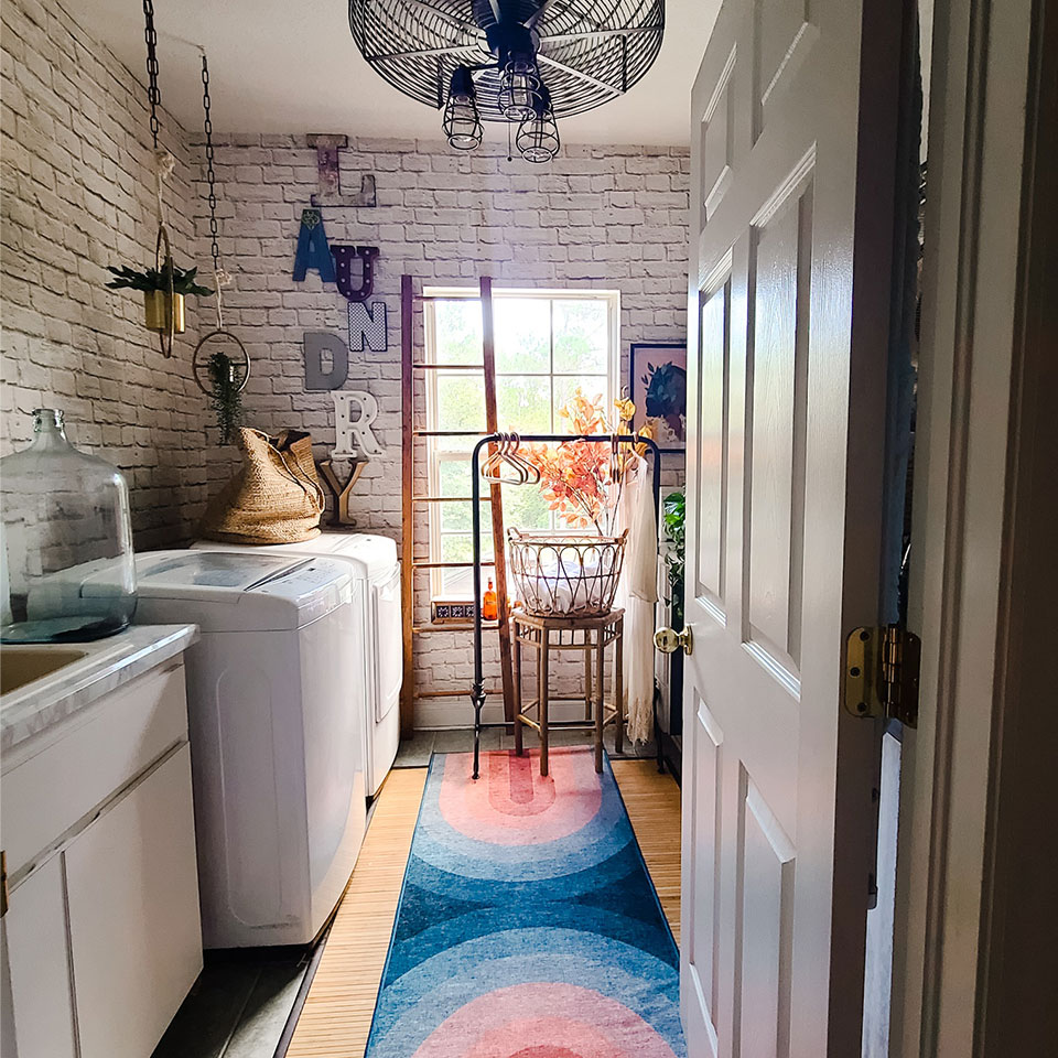 modern rainbow runner rug in laundry room
