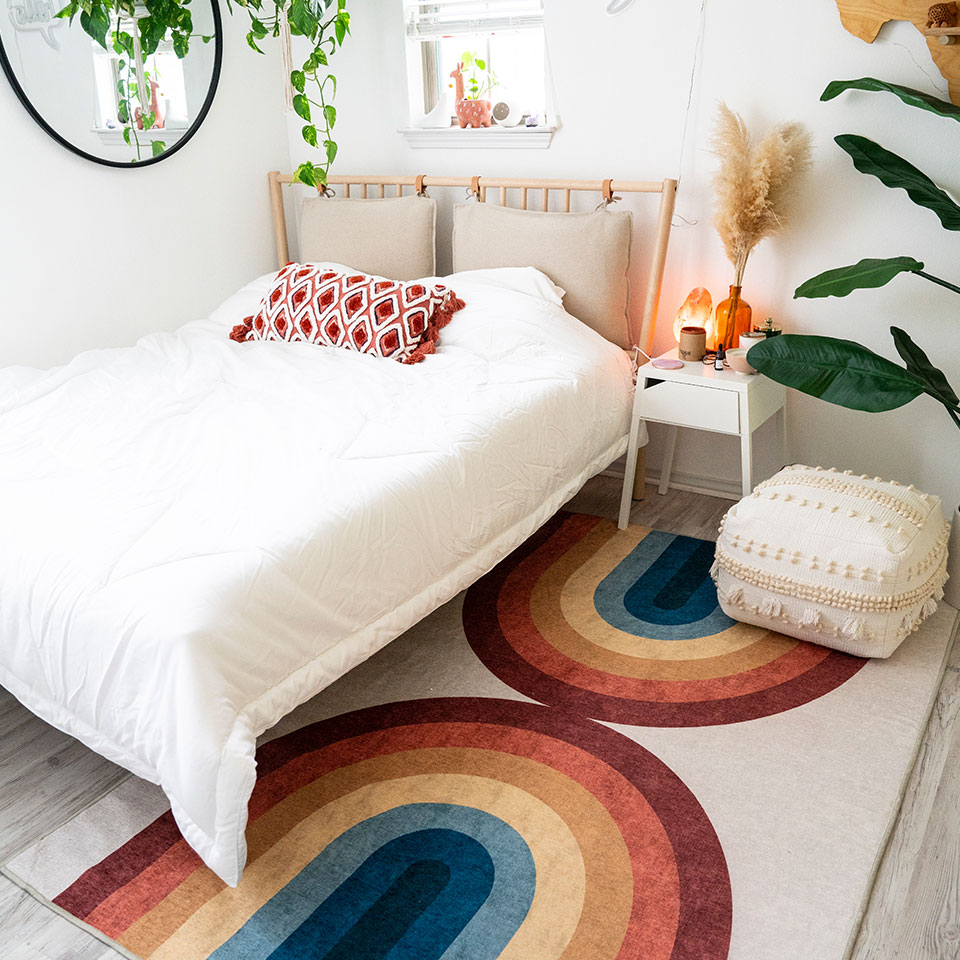 mid century modern rainbow rug in bedroom