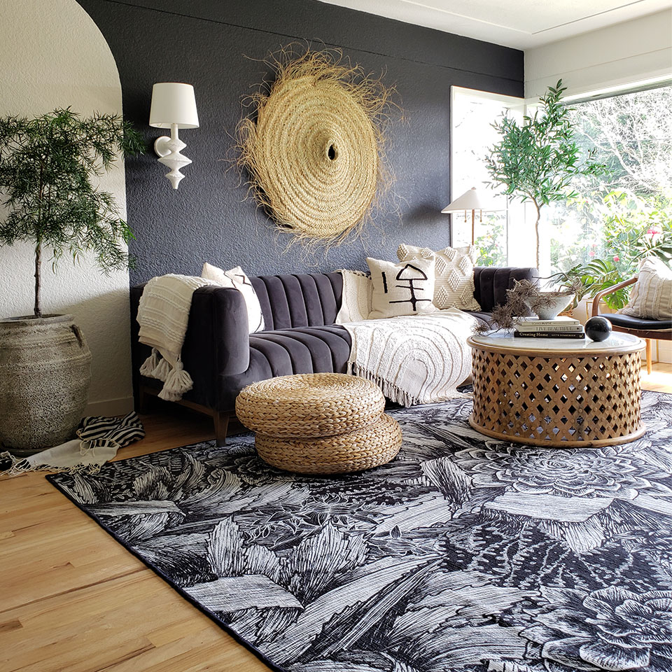 unique black and white floral rug in living room