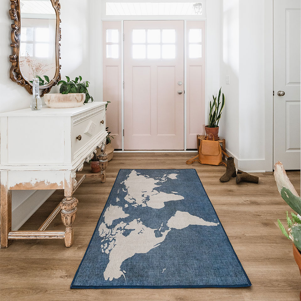 unique world map runner rug in entry