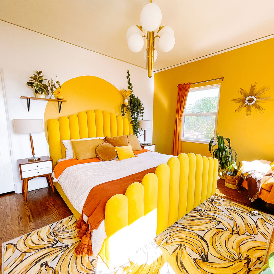 unique yellow bananas rug in yellow bedroom