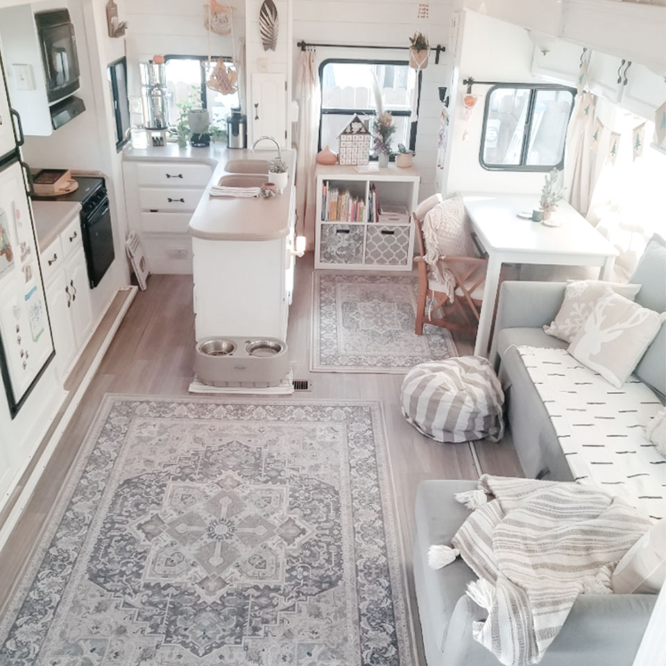 blue and grey persian rug in rv