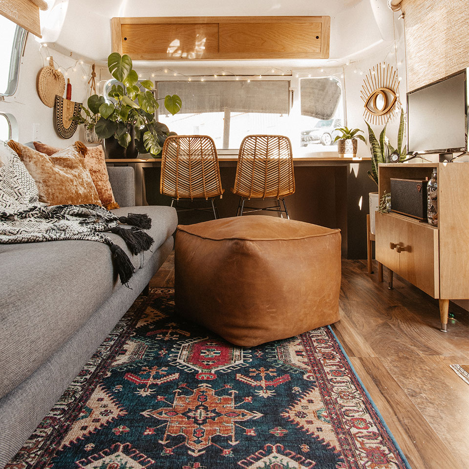 blue and red persian rug in rv