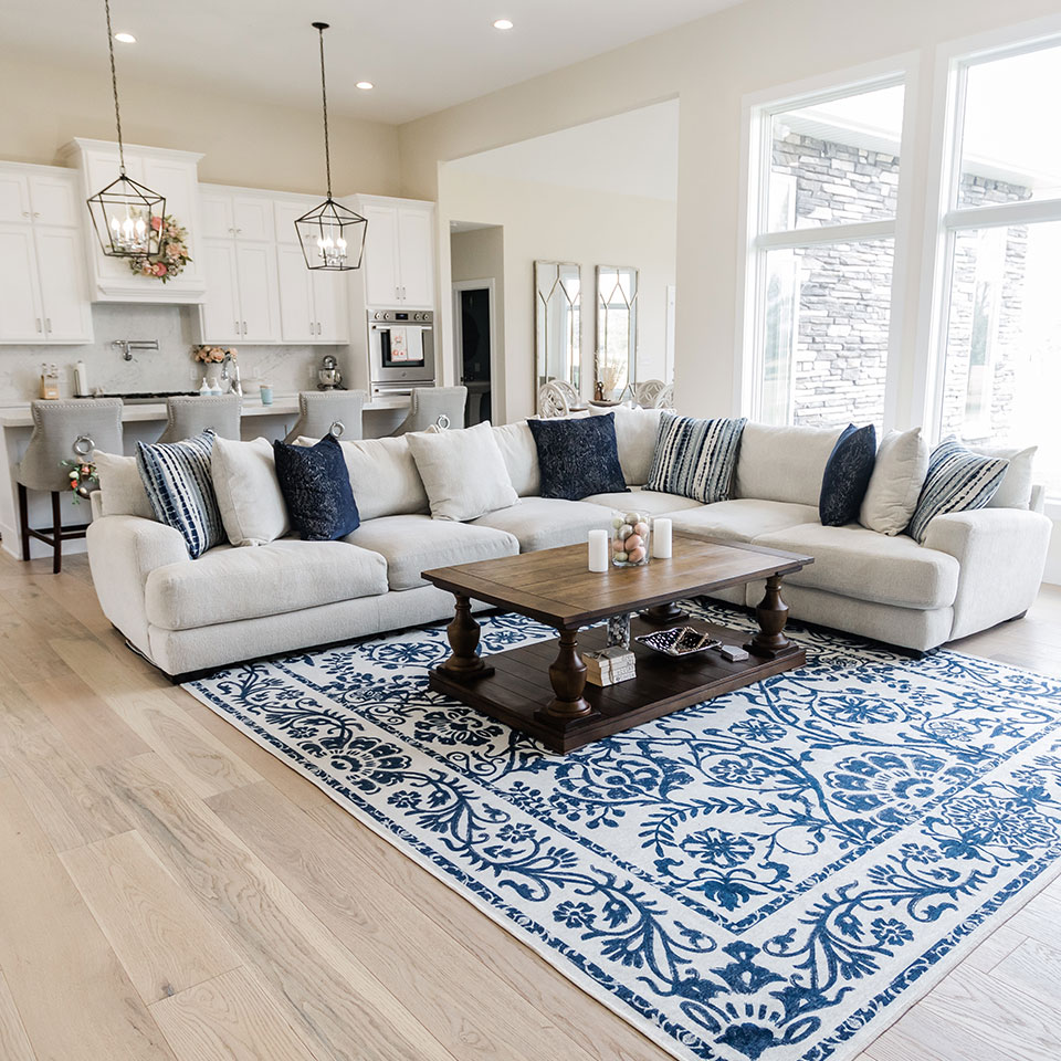 blue and white rug in living room