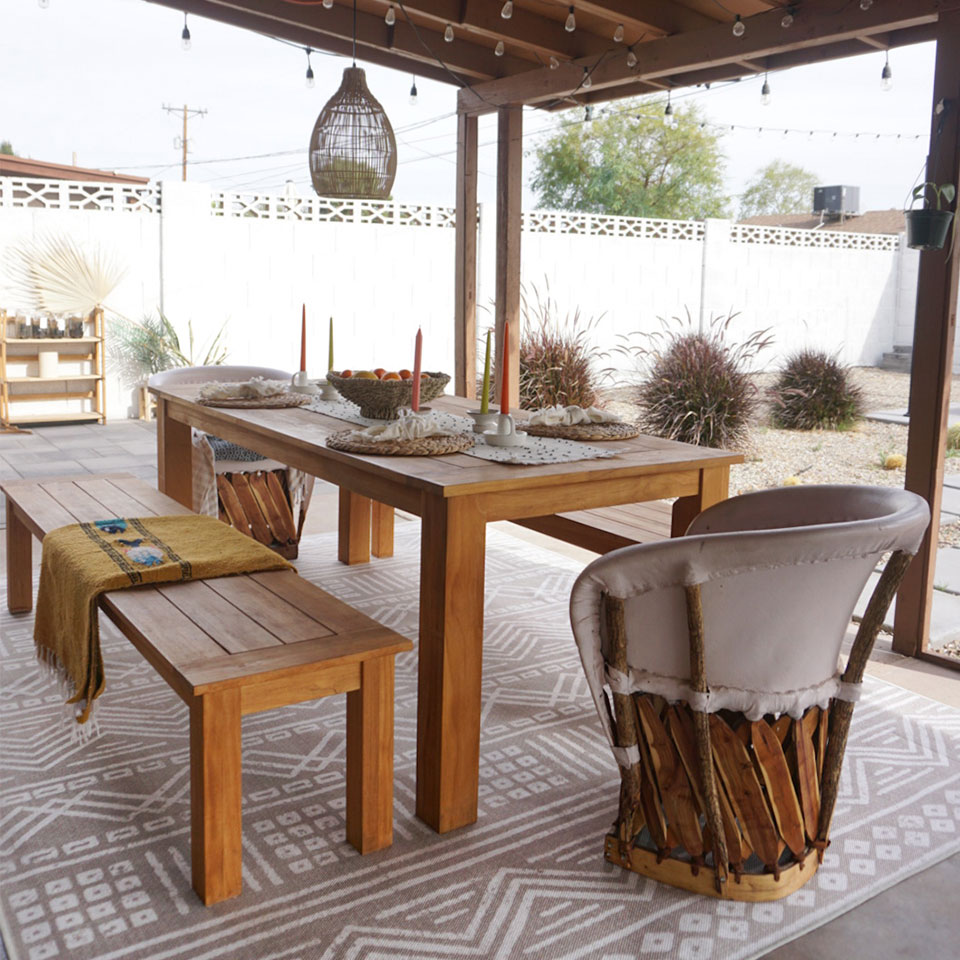 desert decor tan and white geometric outdoor rug on patio