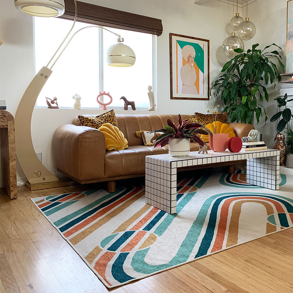 energizing colorful rug in eclectic living room
