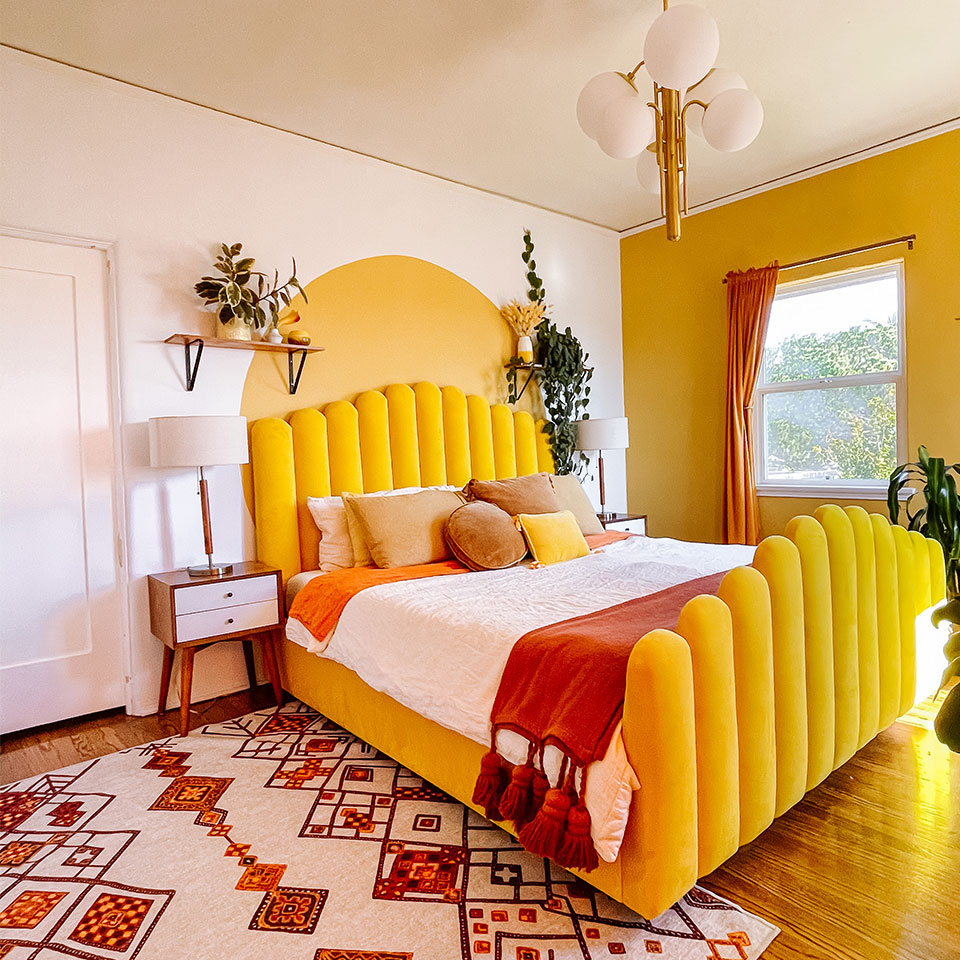 energizing orange rug in orange and yellow bedroom