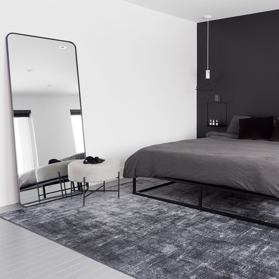 grey abstract mens rug in bedroom