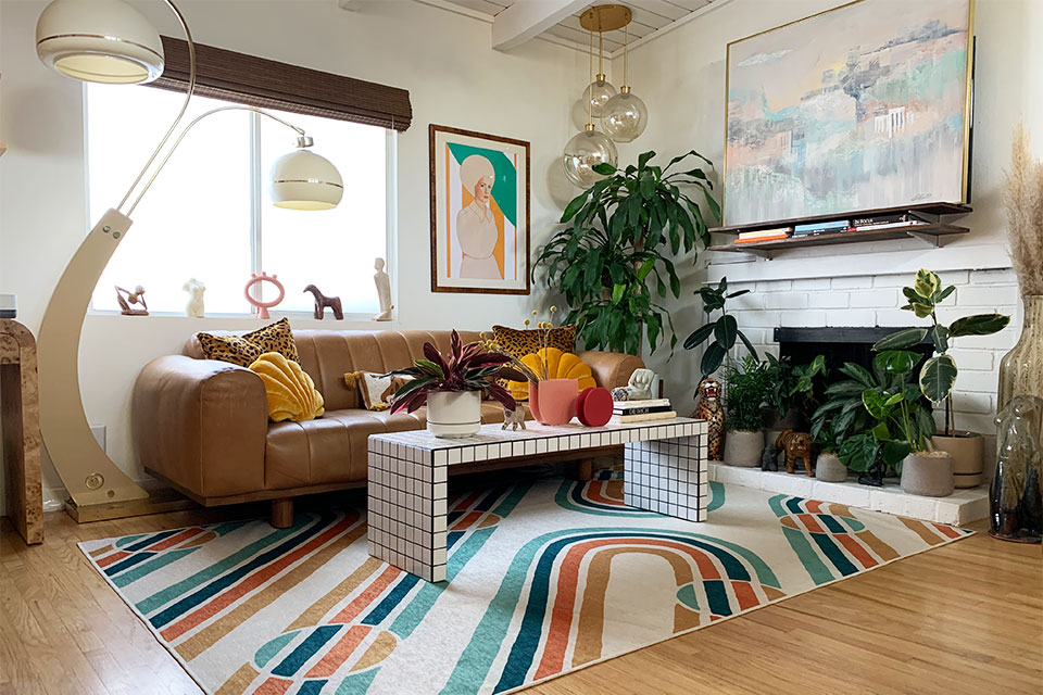 energizing colorful rug in eclectic living room