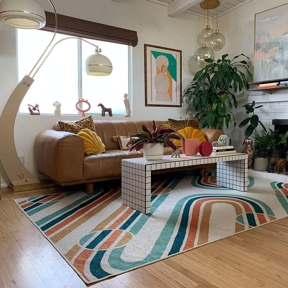colorful modern rug in eclectic living room