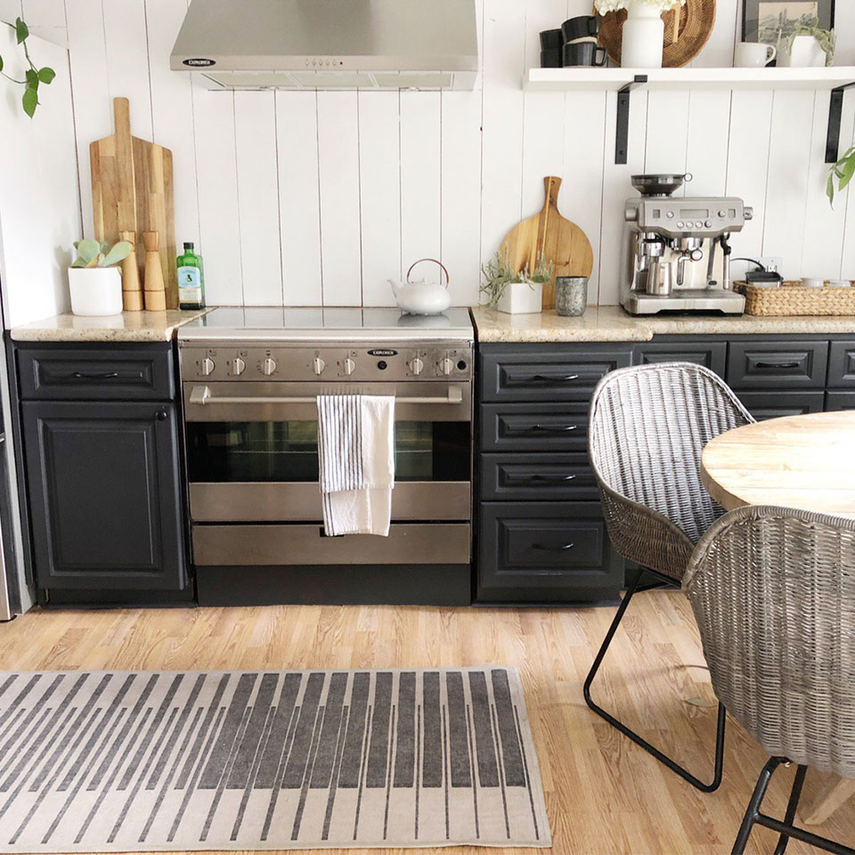 grey and tan striped rug in modern kitchen