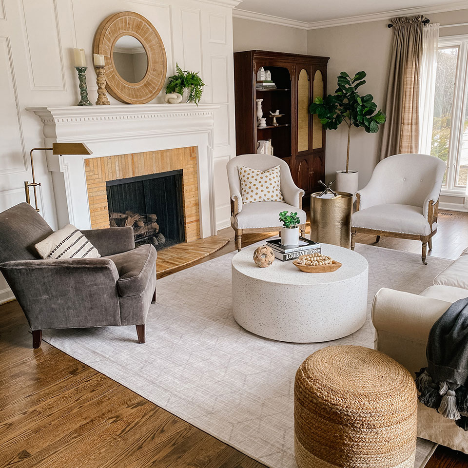 neutral tan geometric rug in living room