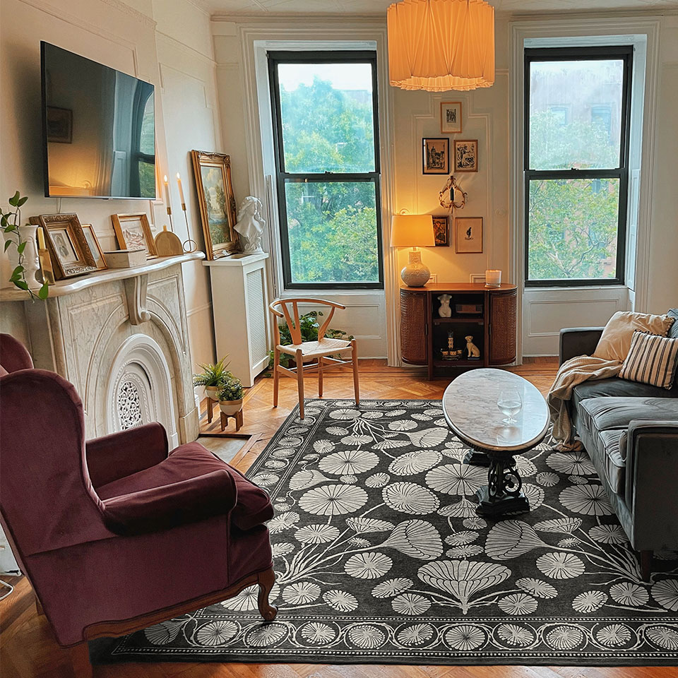 black and white floral retro rug in living room
