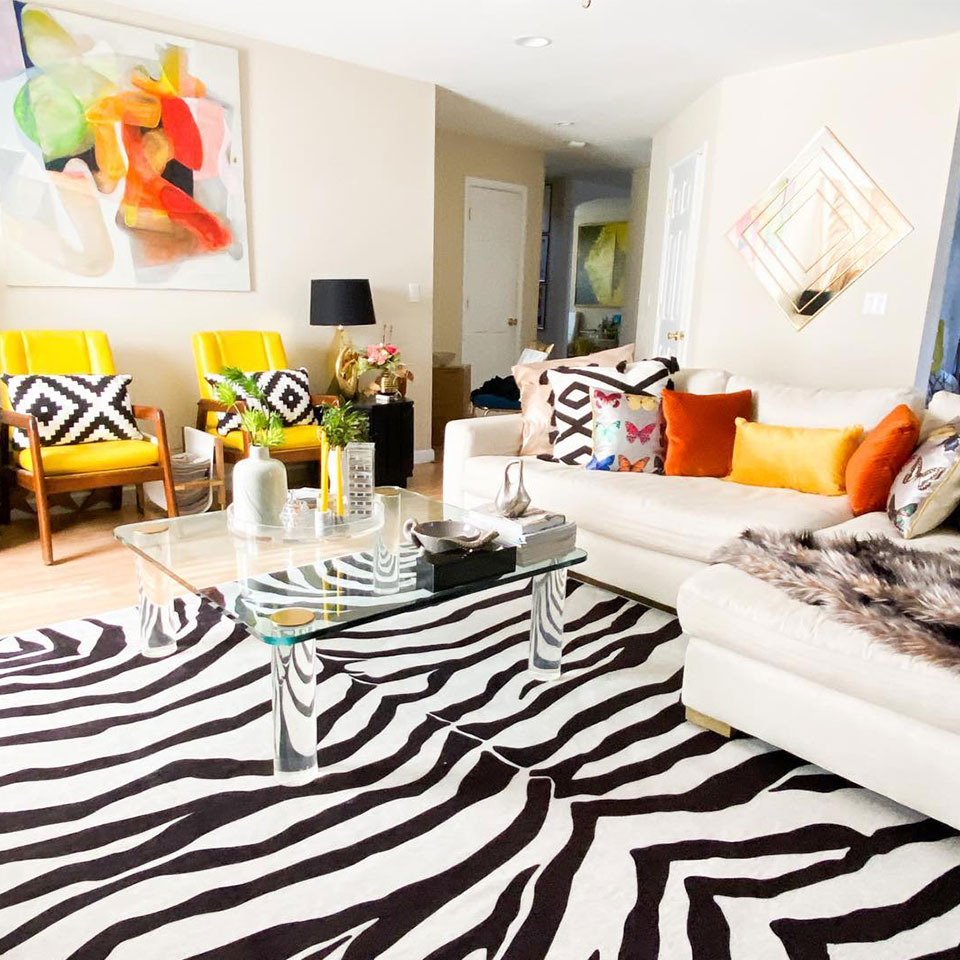 maximalist zebra rug in living room