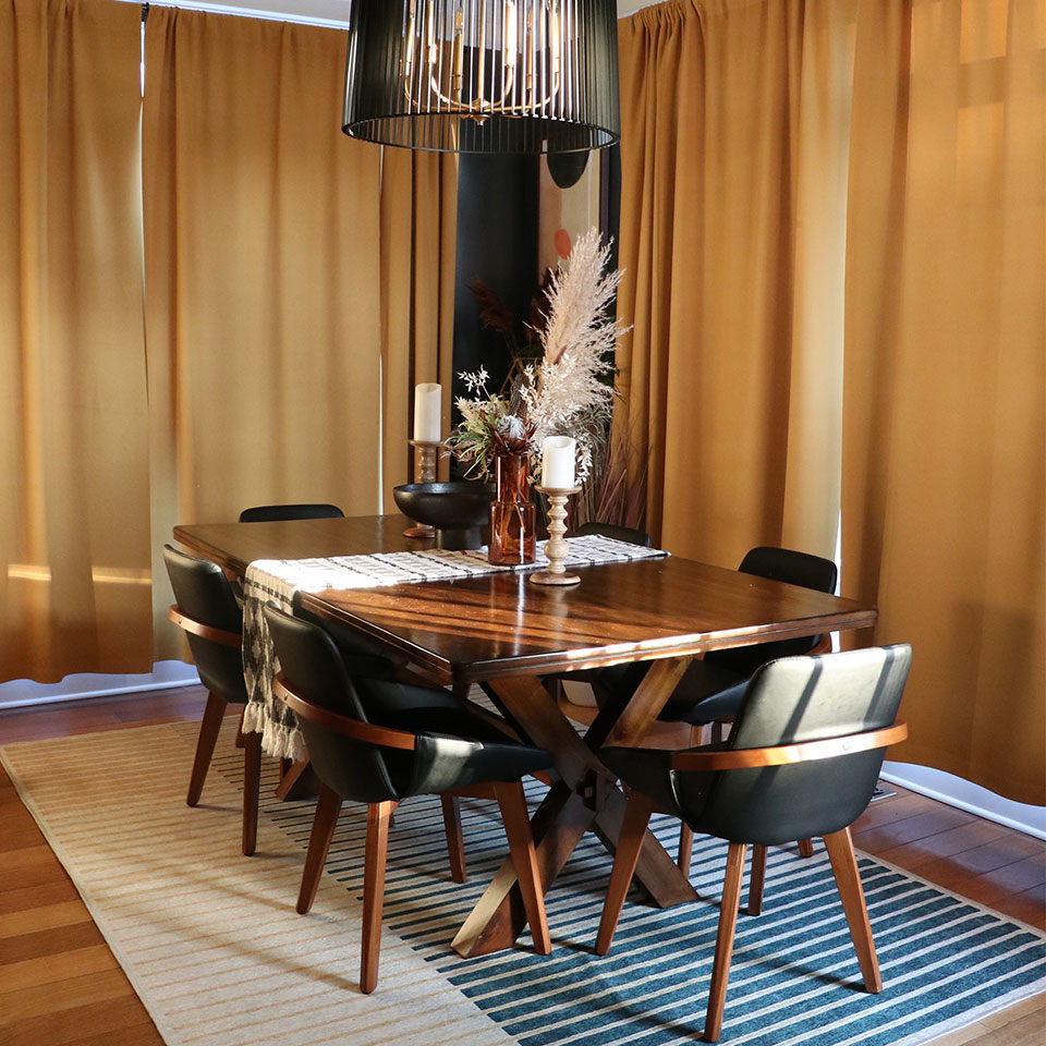 striped retro rug in dining room