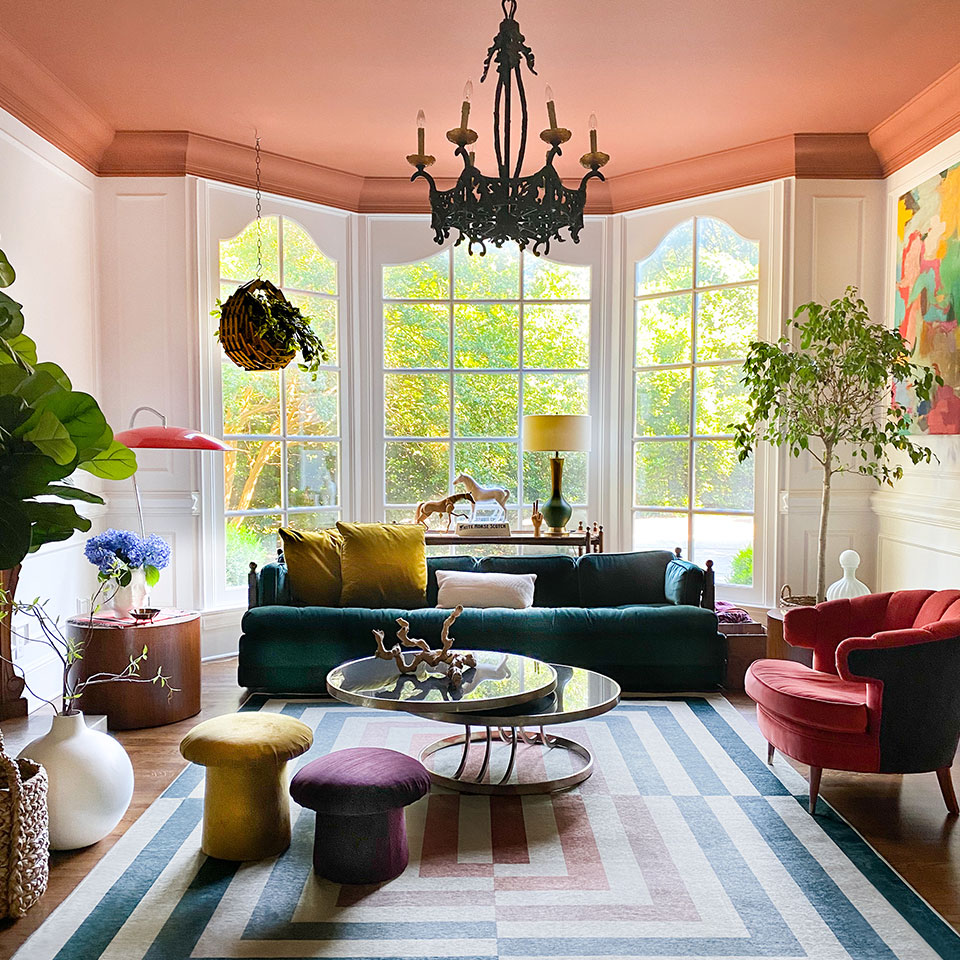 colorful geometric rug in large living room