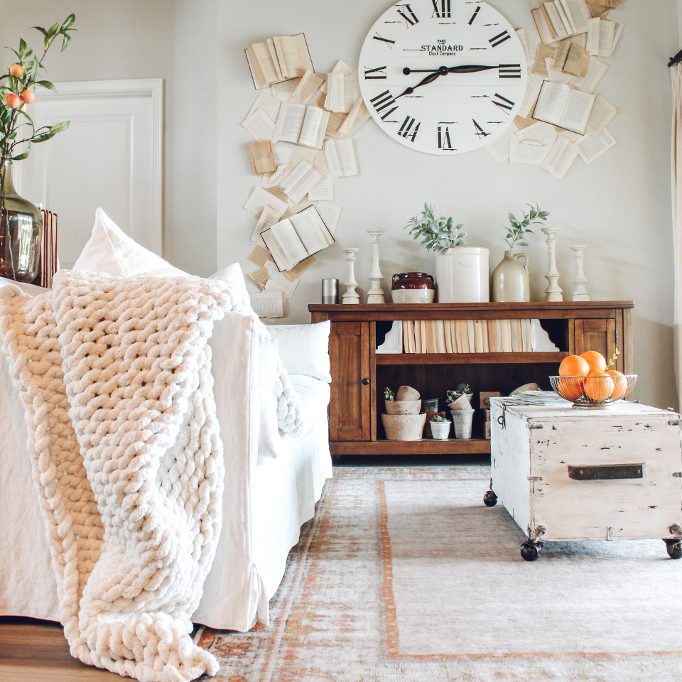 distressed vintage inspired-tangerine rug in living room
