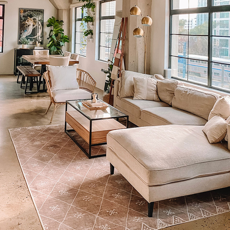 neutral diamond modern rug in living room