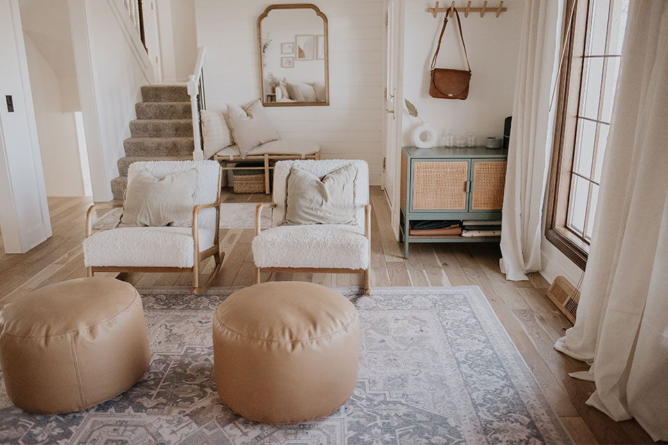 grey persian rug in scandi living room
