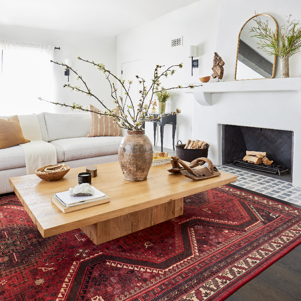 red persian rug in living room