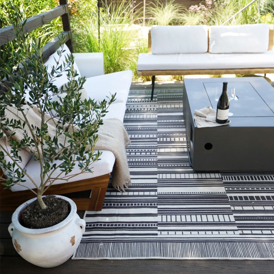 striped modern rug on patio