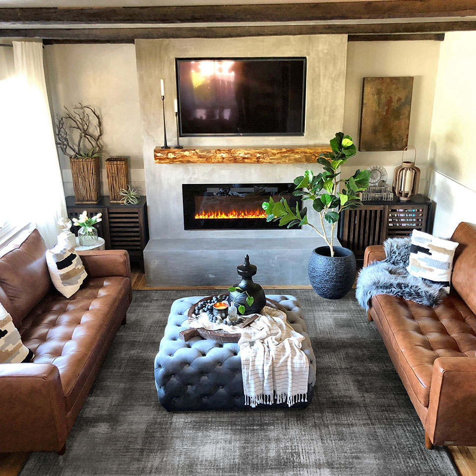 cabin decor in living room with grey rug